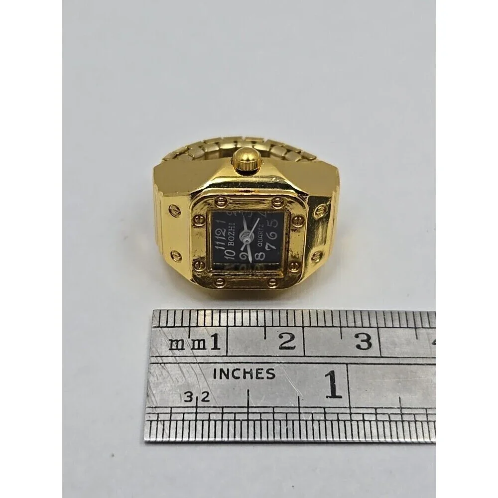 Bozhi Gold Tone Quartz Ring Watch Black Dial New Battery Retro Stretch Accessory
